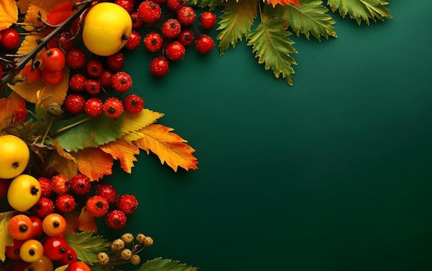 Autumn leaves and fruits on a green background