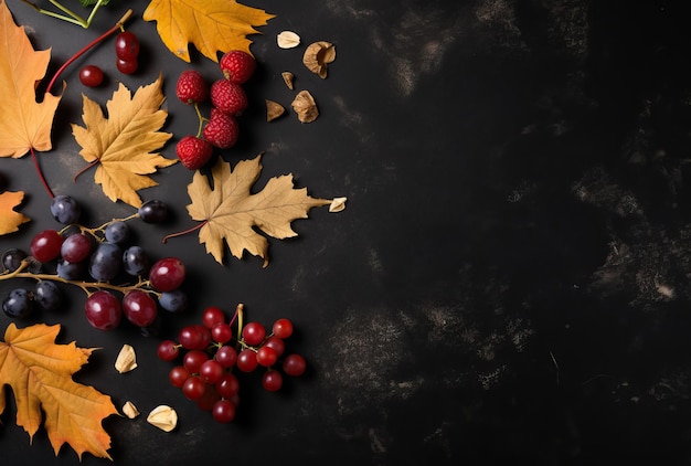 autumn leaves grapes and spices laid out on black in the style of minimalist backgrounds