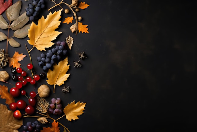 autumn leaves grapes and spices laid out on black in the style of minimalist backgrounds