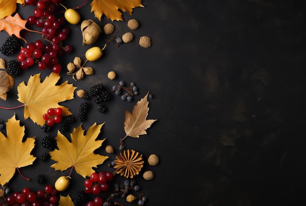 autumn leaves grapes and spices laid out on black in the style of minimalist backgrounds