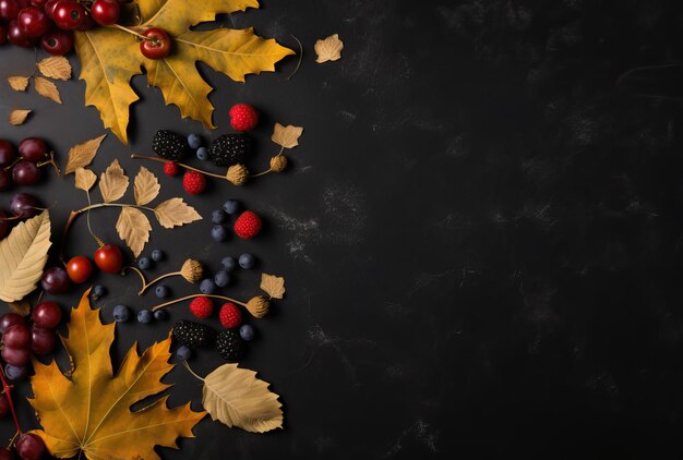 Foto foglie d'autunno uva e spezie disposte su nero nello stile di sfondi minimalisti