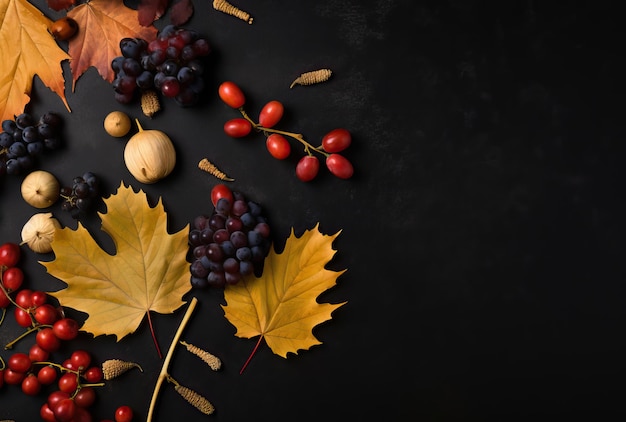 Autumn leaves grapes and spices laid out on black in the style of minimalist backgrounds