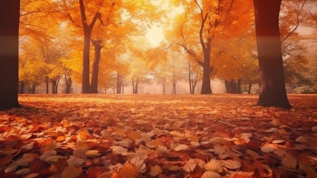 Autumn leaves on the ground in the park