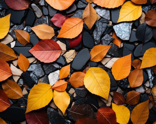 autumn leaves on the ground with black and white stones