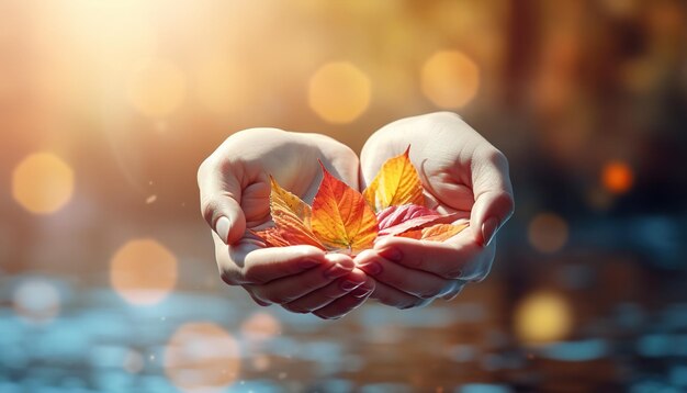 autumn leaves in hand banner with copy space bokeh dreamy Falling leaves natural background