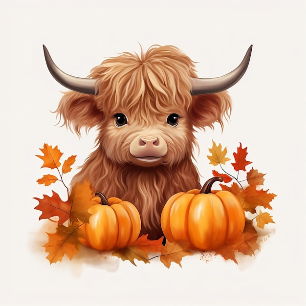 Autumn_leaves_highland_baby_cow_vector_white_backgro