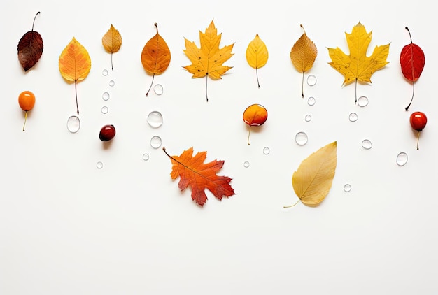 autumn leaves isolated flat frame over dripping acorns and oranges in the style of minimalist