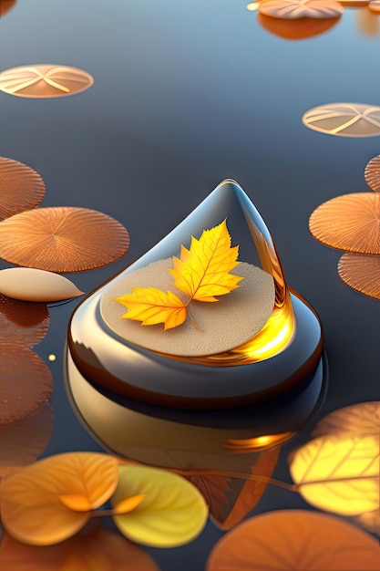 Autumn leaves in a lake with a zen stone Beautiful autumn Falling leaves on water