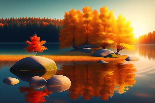 Autumn leaves in a lake with a zen stone Beautiful autumn Falling leaves on water