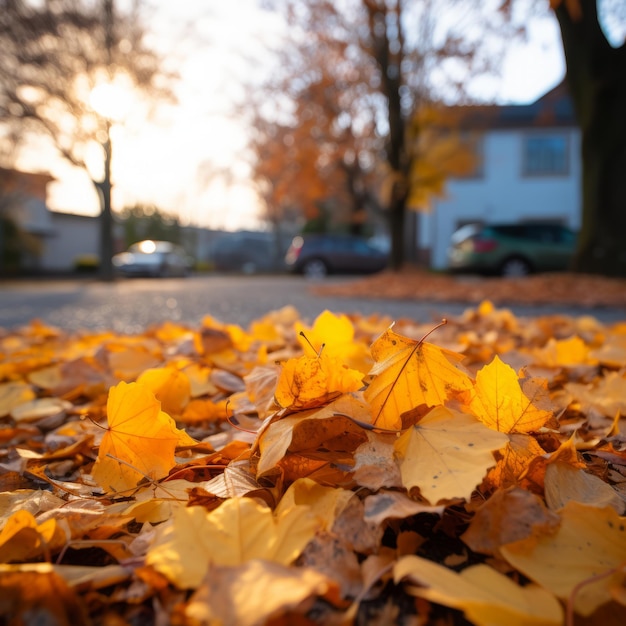 autumn leaves laying on the ground in front of a house