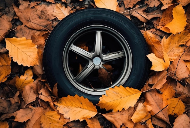 自動車車体工事のスタイルで車のタイヤの近くの地面に置かれた紅葉と葉