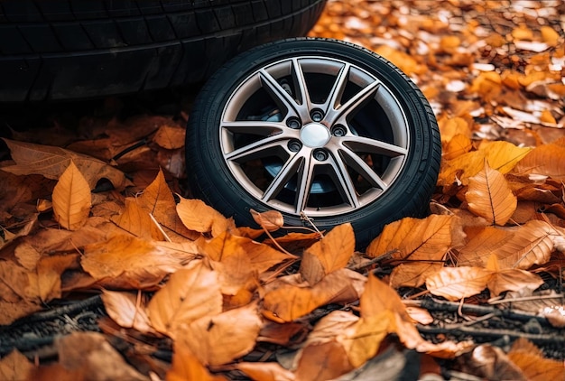 Photo autumn leaves and leaf laying on the ground near a car tire in the style of auto body works