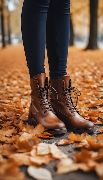 Photo autumn leaves on leather boots