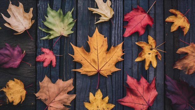 Autumn leaves lying on wooden ground