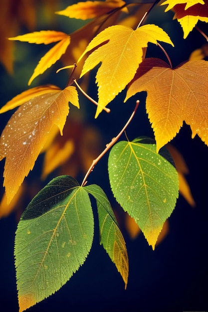 물방울을 끓여서 촬영한 가을 잎 매크로