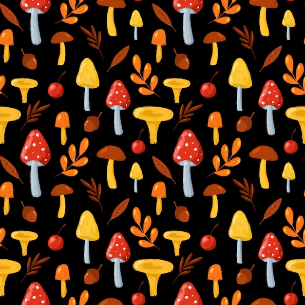autumn leaves and mushrooms seamless pattern hand drawn in cartoon style mushrooms on black print