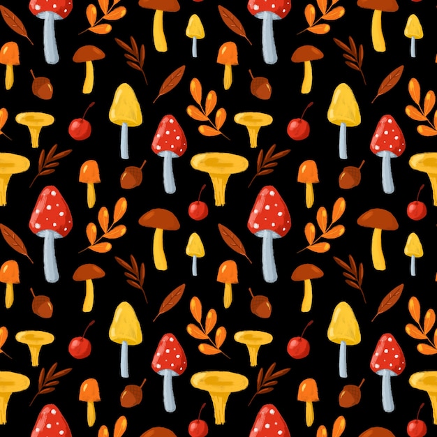 Autumn leaves and mushrooms seamless pattern Hand drawn in cartoon style mushrooms on black print