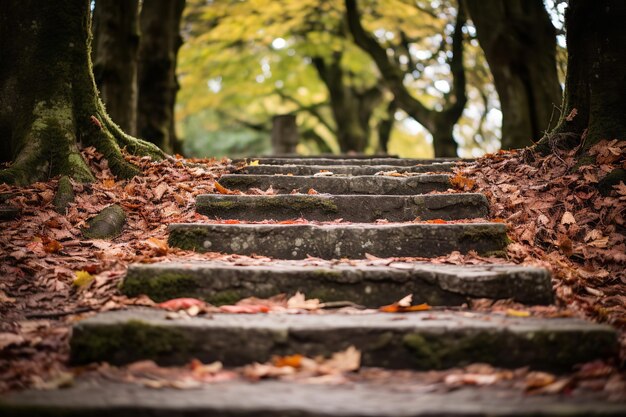 Autumn Leaves on Old Stone Steps