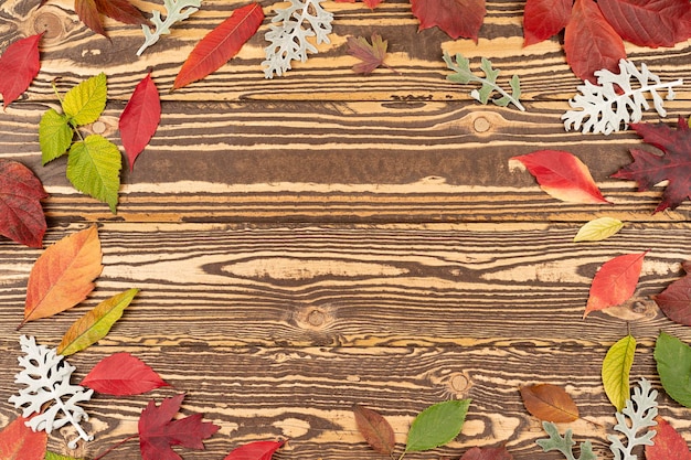 Photo autumn leaves over old wooden background with copy space autumn background with colored leaves