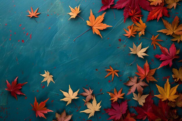 Фото Осенние листья на синем деревянном фоне
