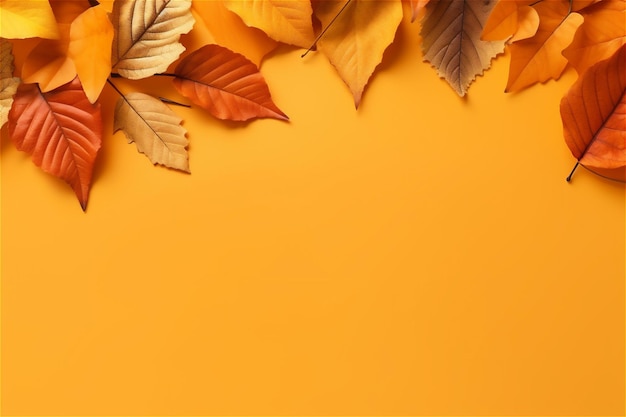 autumn leaves on orange background with copy space