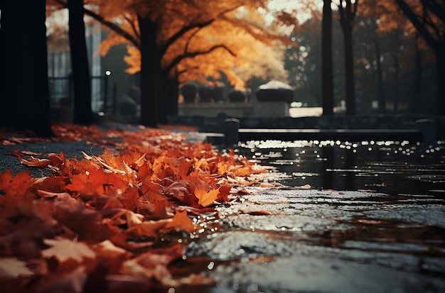 Photo autumn leaves on a path near a forest generative ai