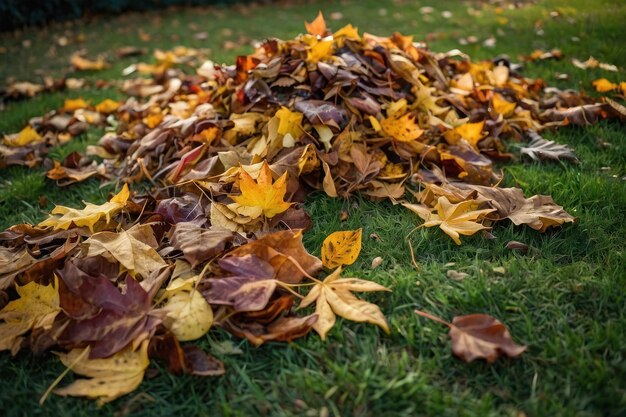 Autumn Leaves Pile on Grass