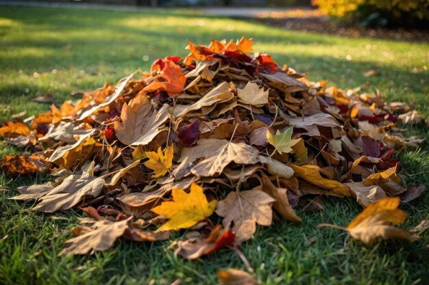 Photo autumn leaves pile on grass