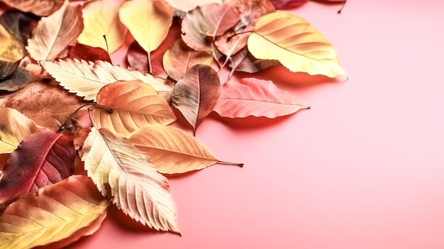 Photo autumn leaves on a pink background generative ai