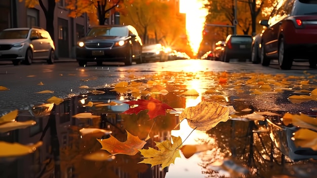 都市公園の水たまりの紅葉梅雨