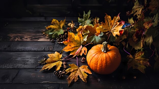 Photo autumn leaves and pumpkin over old dark wooden background with copy space