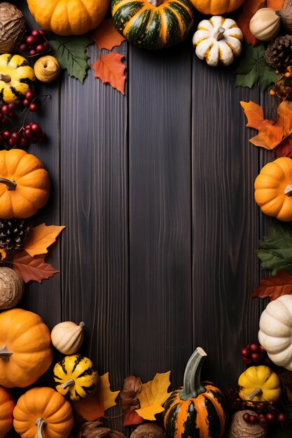 Autumn leaves and pumpkins on brown wooden background Generative AI