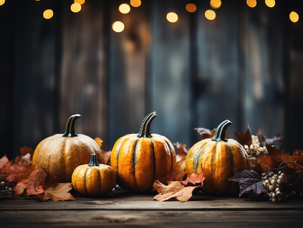 autumn leaves and pumpkins on wooden surface