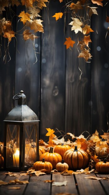 autumn leaves and pumpkins on wooden surface