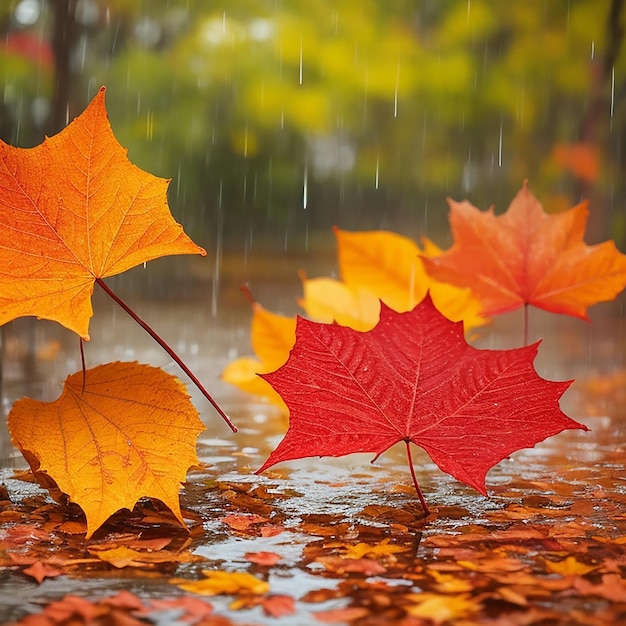 Autumn leaves in rain generated by ai