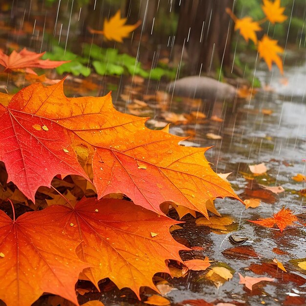 Foto foglie autunnali sotto la pioggia generate dall'intelligenza artificiale