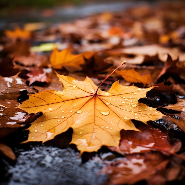 雨の中の秋の葉