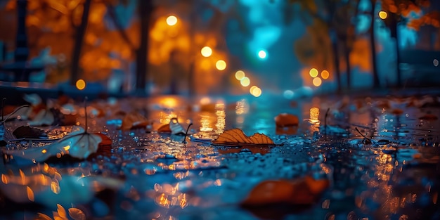 Autumn Leaves on Rainy Street Reflecting City Lights