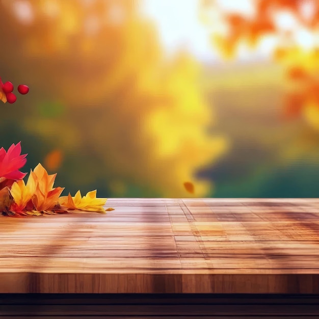 Foto foglie d'autunno poggiate su un tavolo di legno sullo sfondo sfocato della foresta