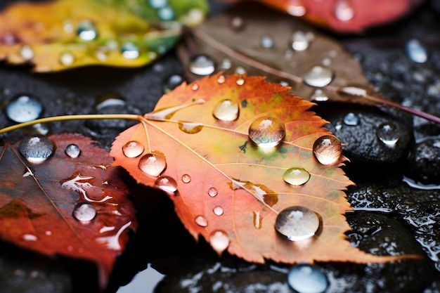 Autumn leaves on the road with rain drops