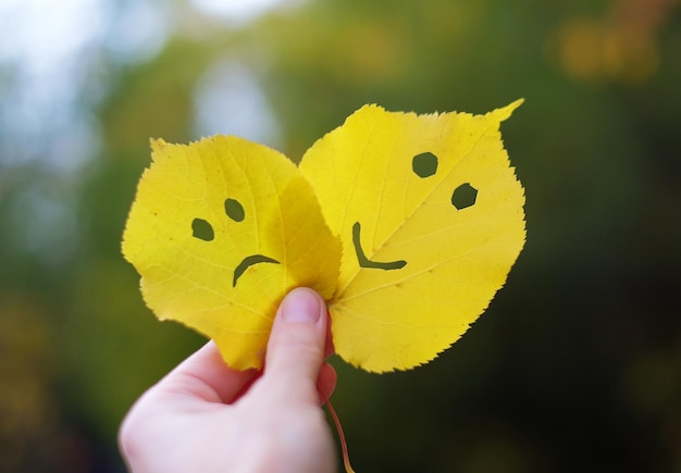 Photo autumn leaves sad and happy face in a hand