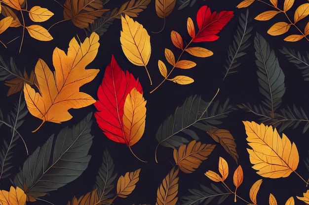 어두운 배경에서 가을 잎의 원활한 패턴 생성 AI