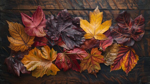 Autumn leaves spectrum on rustic wooden backdrop