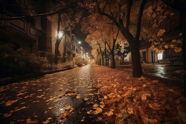 Autumn leaves on a street in the rain