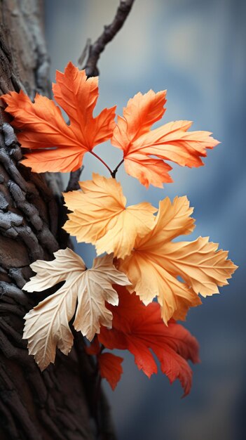 autumn leaves on a tree branch with a blue sky in the background