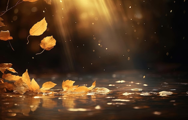 autumn leaves on the water with a golden sky in the background