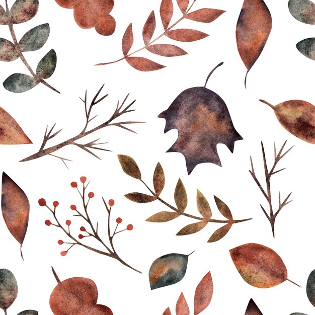 Autumn leaves on a white background Watercolor illustration seamless pattern