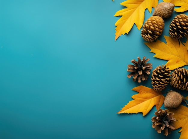 Autumn leaves and white pine cones on turquoise background