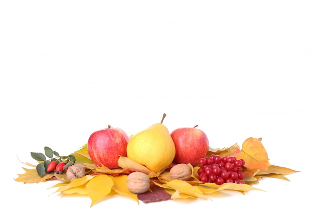 Autumn leaves with berries and vegetables isolated on white