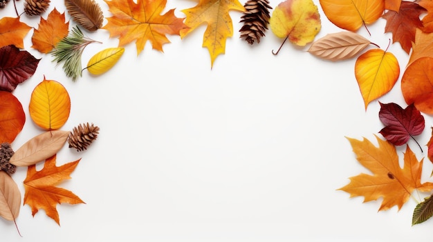 Autumn Leaves with Copy Space on White Background Happy Autumn Concept Generative Ai
